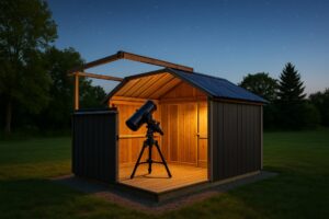 Backyard roll-off roof observatory at dusk