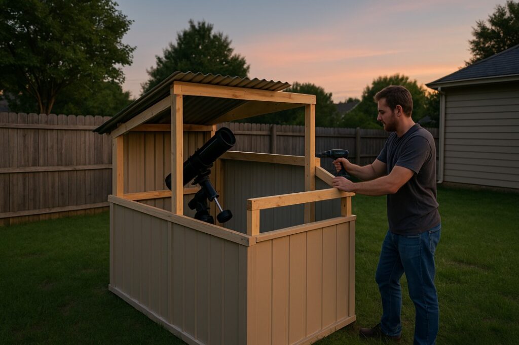 Person building a small backyard telescope observatory