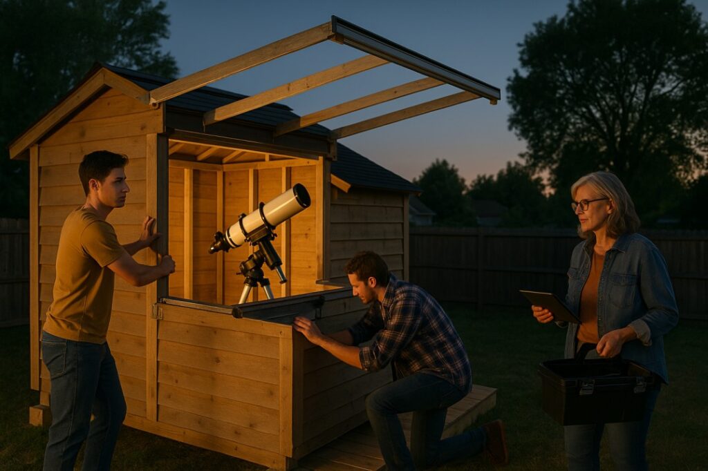 DIY roll-off roof observatory with people setting up.