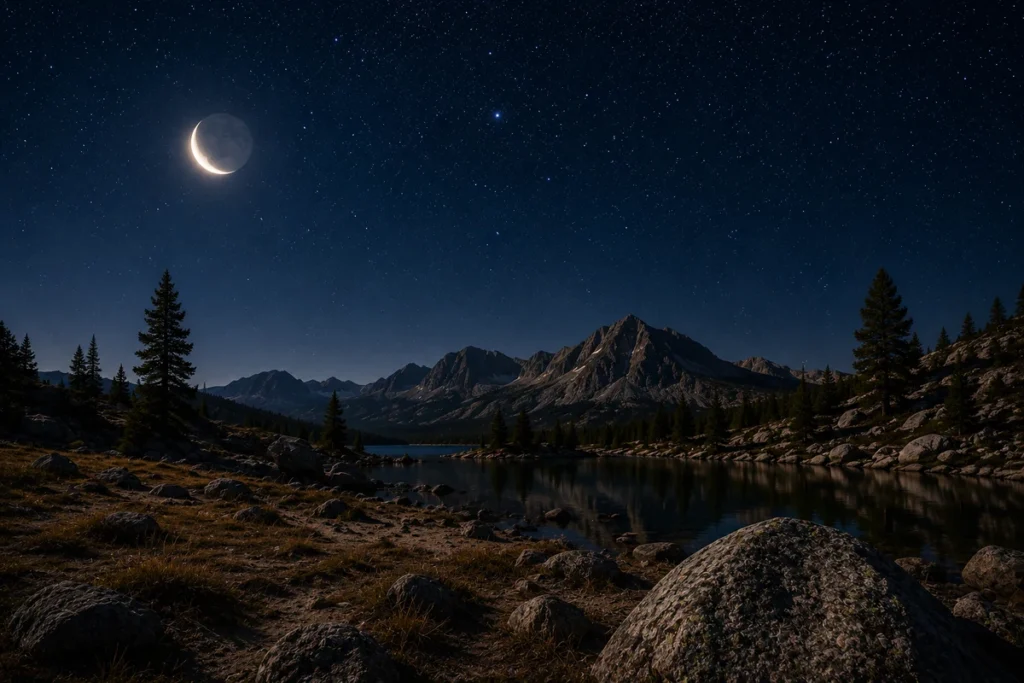 A crescent moon adds soft foreground light without overpowering the stars above